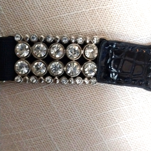 BELT Studded Black Leather Rhinestone Silvertones Regency Core Class Stretch main image 5